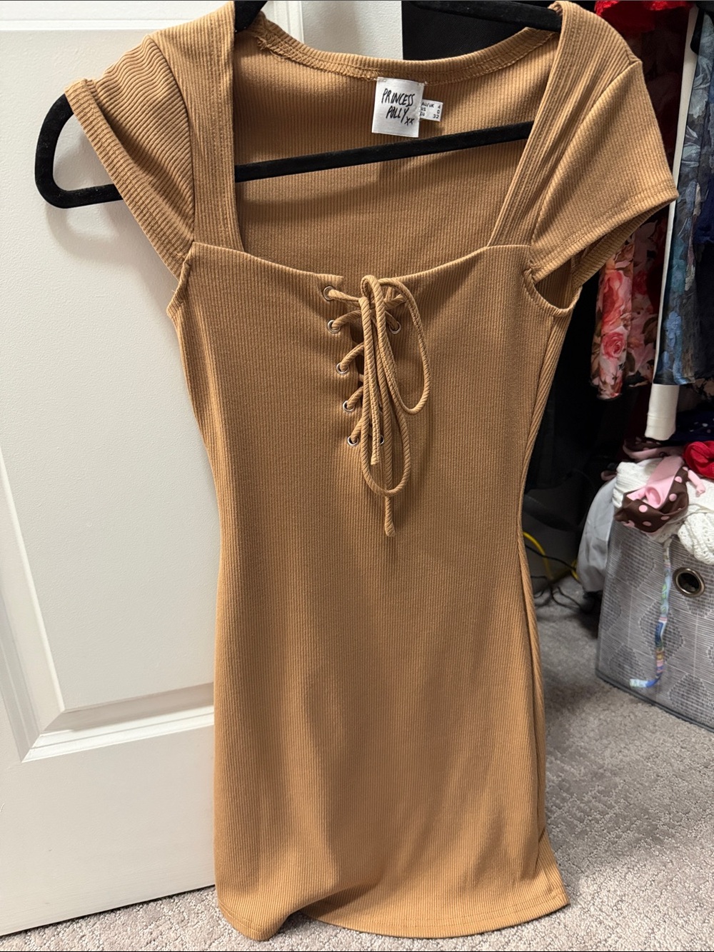 Princess Polly Camel Ribbed Lace-Up Mini Dress